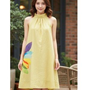Yellow Halter Dress with Colorful Leaf Design